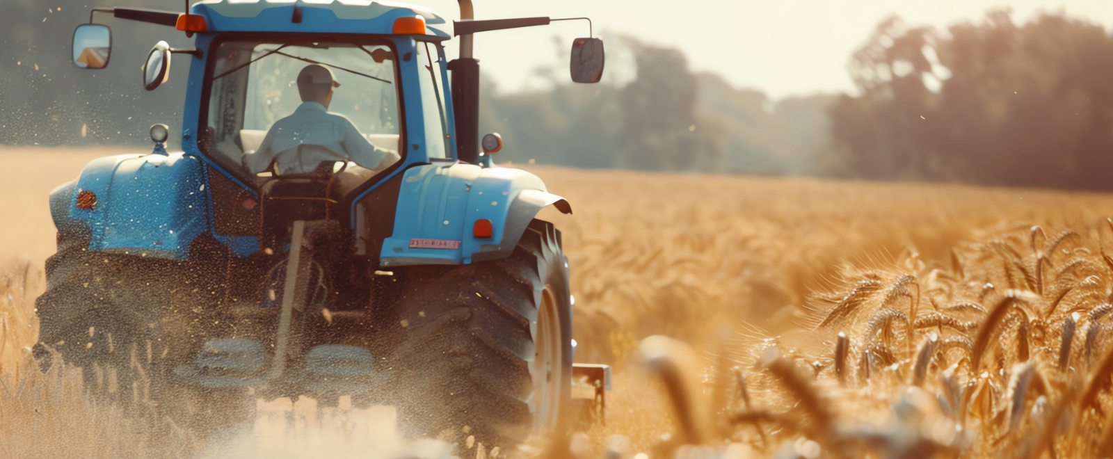 Farmer driving a blue tractor harvests crops at sunset.
