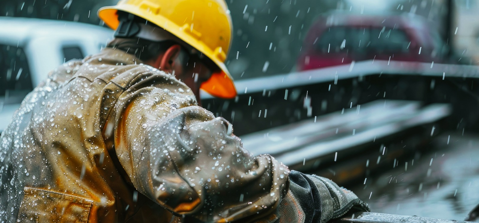 Construction worker in a yellow hard hat braves harsh winter conditions to unload a truck.