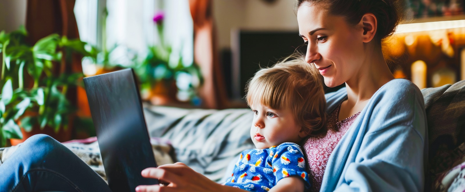 A woman sits on a couch and works on a laptop, while a toddler sits in the woman's lap.