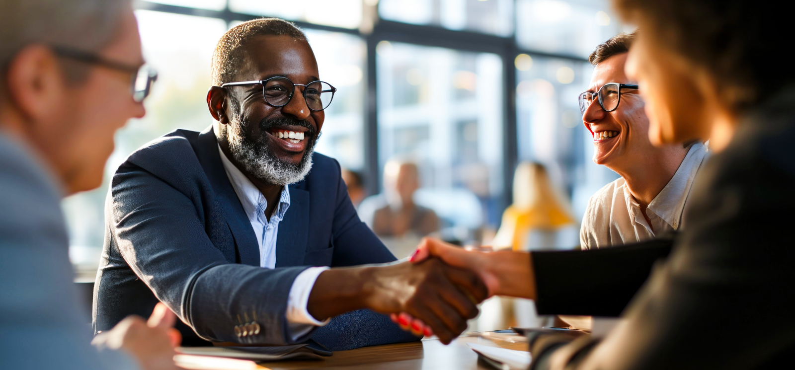 Male banker shakes hands with a person following a business meeting in a sun-lit coffee shop.