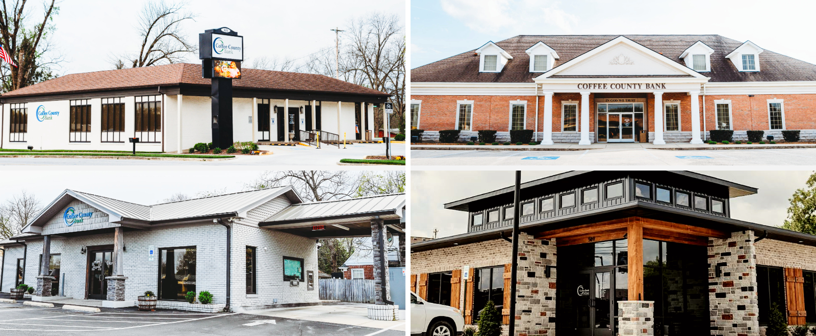 Coffee County Bank locations are shown in a grid. Clockwise from top left, images show: Manchester-downtown; Manchester-main; Tullahoma; McMinnville locations